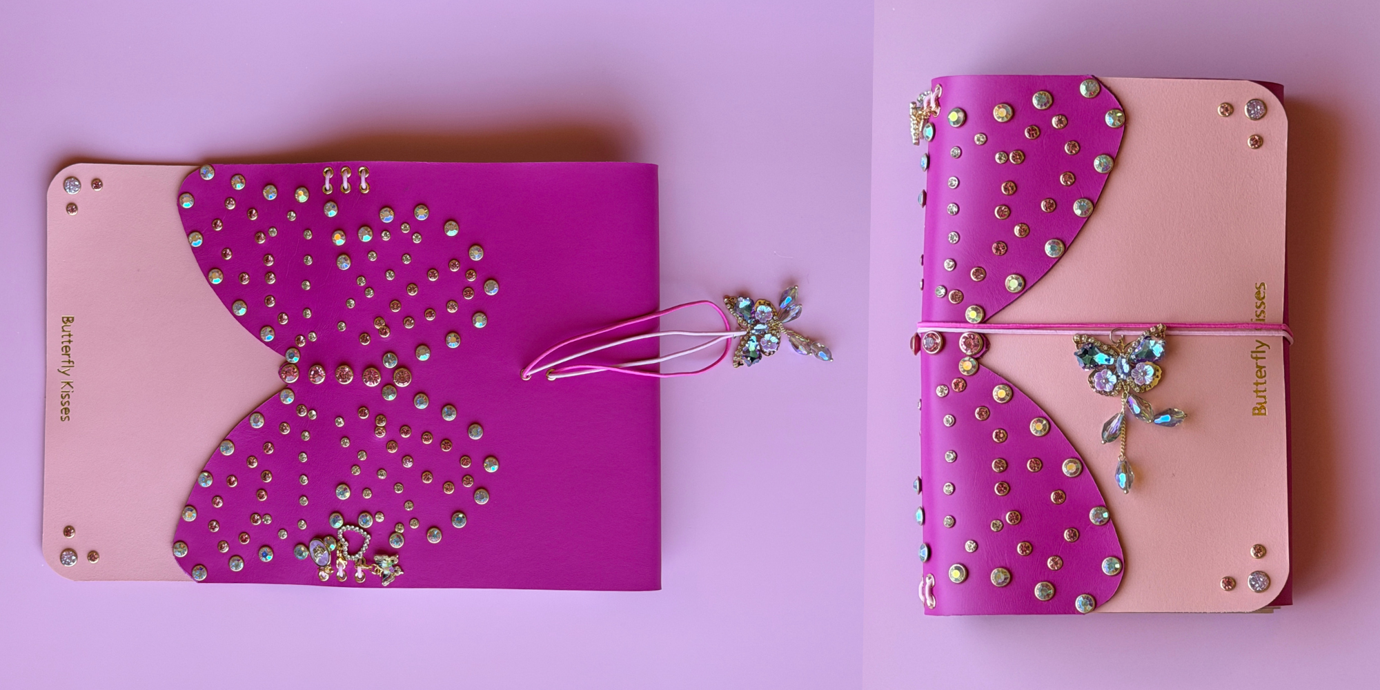 A pink and magenta butterfly-shaped notebook or journal decorated with rhinestones, shown in two views on a matching pink background. One view shows the open cover with a butterfly motif and a decorative rhinestone hair clip placed beside it; the other shows the closed notebook bound with a pink elastic band and embellished with rhinestones and a floral charm.